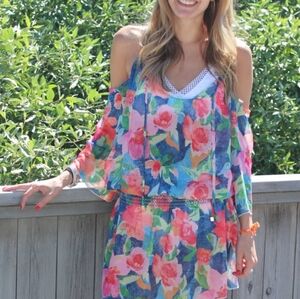 VERA BRADLEY SZ L/XL NWOT FLORAL SEMI SHEER COLD SHOULDER SWIM COVER UP NWOT